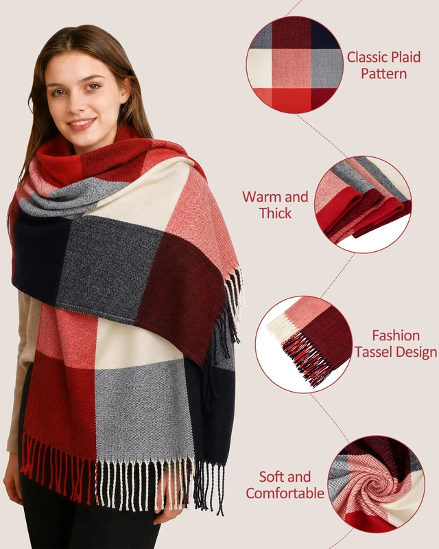 Alt view image 4 of 7 - Winter Scarf for Women, Long Plaid Shawl Wraps Scarves Gifts, Mix1 | Large Fall Scarfs, Big Grid Tartan Blanket, Soft Warm Chunky Oversized, Lattice Tassels, Stocking Stuffers, Christmas gift