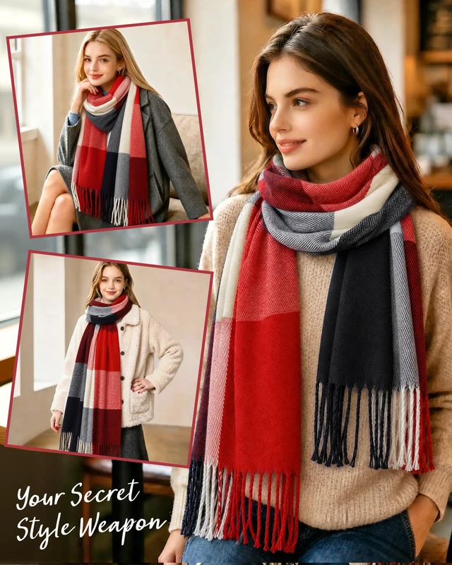 Alt view image 7 of 7 - Winter Scarf for Women, Long Plaid Shawl Wraps Scarves Gifts, Mix1 | Large Fall Scarfs, Big Grid Tartan Blanket, Soft Warm Chunky Oversized, Lattice Tassels, Stocking Stuffers, Christmas gift