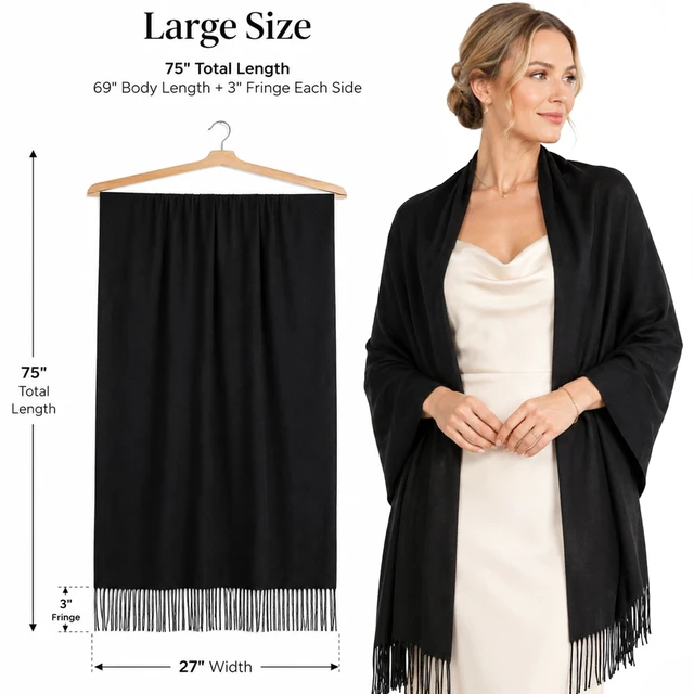 Alt view image 4 of 7 - Women's Fringe Shawl Wrap Pashmina Scarf for Wedding Evening | Soft Lightweight Fabric with Elegant Drape, Comfortable Feel; Wedding, Bridesmaid, Party, Travel and Formal Wear