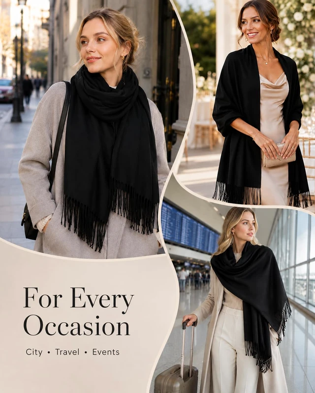 Alt view image 5 of 7 - Women's Fringe Shawl Wrap Pashmina Scarf for Wedding Evening | Soft Lightweight Fabric with Elegant Drape, Comfortable Feel; Wedding, Bridesmaid, Party, Travel and Formal Wear