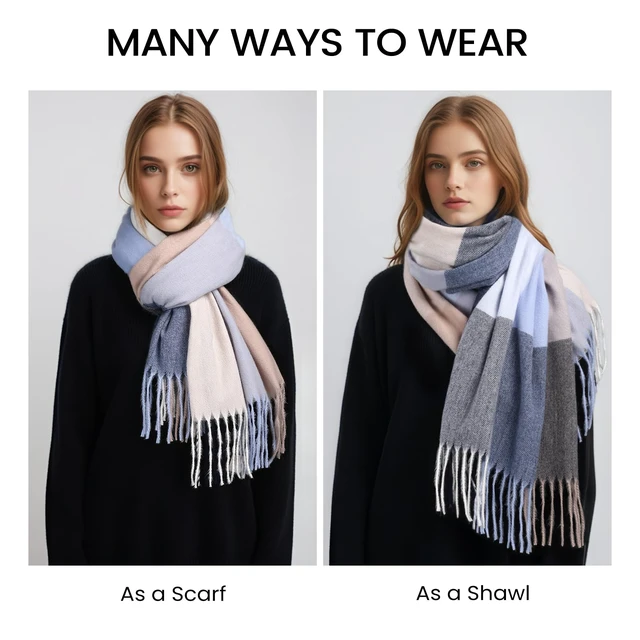 Alt view image 3 of 7 - Women's Winter Scarf, Plaid Blanket Scarf, Cozy Pashmina Shawl | Soft Cashmere-Feel Fabric, Classic Plaid Design, Long Length Wraps as Shawl or Blanket, Ideal for Cold Weather & Daily Wear