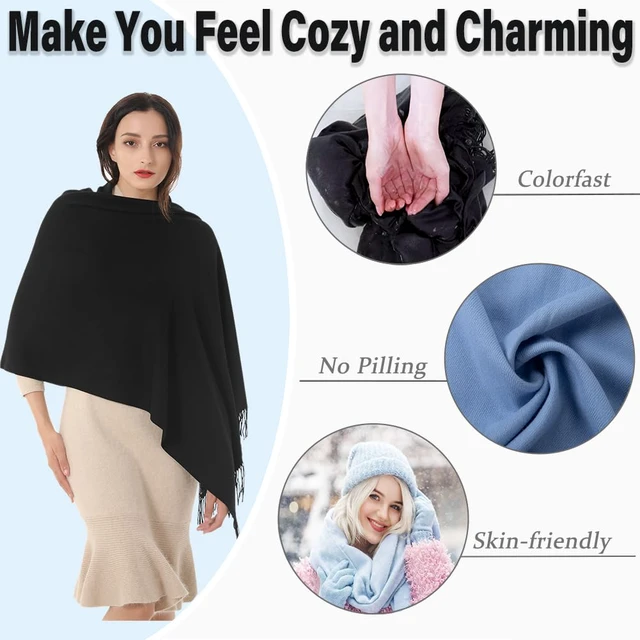 Alt view image 3 of 7 - Women's Scarf Pashmina Shawls and Wraps 79x28 Acrylic Blend Black | Formal Winter Warm Long Large Shawl for Evening Dress Wedding Bridal Bridesmaid Travel Birthday Christmas Mothers Day Gifts