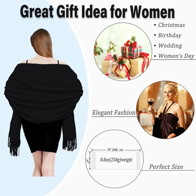 Alt view image 4 of 7 - Women's Scarf Pashmina Shawls and Wraps 79x28 Acrylic Blend Black | Formal Winter Warm Long Large Shawl for Evening Dress Wedding Bridal Bridesmaid Travel Birthday Christmas Mothers Day Gifts