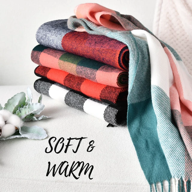 Alt view image 6 of 7 - Womens Winter Scarf, Oversized Long Plaid Shawl Wrap Scarves | Soft Cashmere Feel, Warm Pashmina Shawl and Wrap, Fashion Plaid Pattern with Tassel, Oversized Fit, Ideal Fall Winter Gift