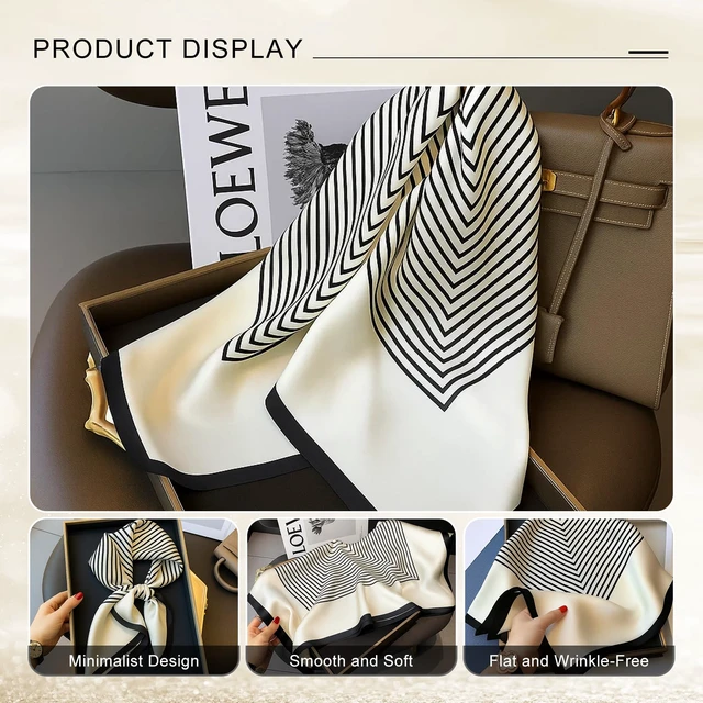Alt view image 5 of 7 - 27.5 Inch Silk Feeling Scarf for Women Square Satin Head Scarf Hair Wrap Bandana Black White