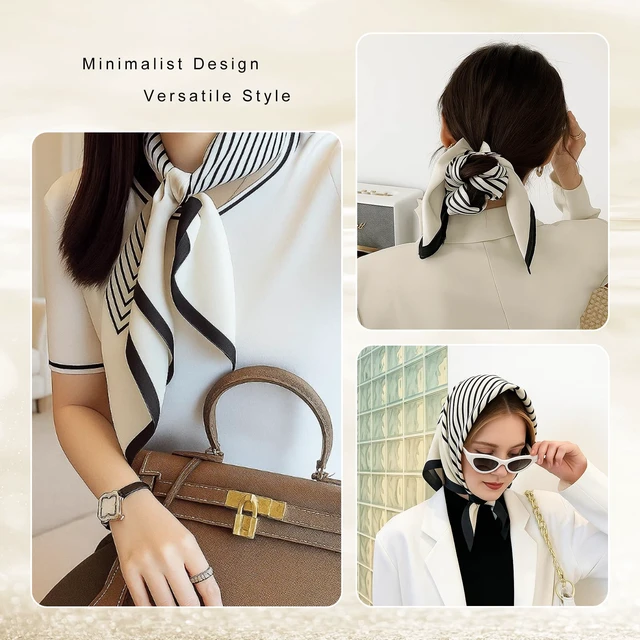 Alt view image 4 of 7 - 27.5 Inch Silk Feeling Scarf for Women Square Satin Head Scarf Hair Wrap Bandana Black White