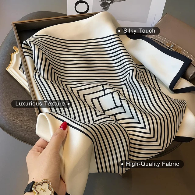 Alt view image 6 of 7 - 27.5 Inch Silk Feeling Scarf for Women Square Satin Head Scarf Hair Wrap Bandana Black White