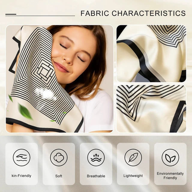 Alt view image 7 of 7 - 27.5 Inch Silk Feeling Scarf for Women Square Satin Head Scarf Hair Wrap Bandana Black White