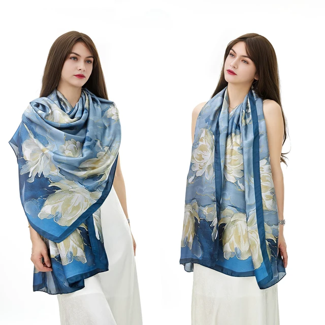 Alt view image 2 of 7 - Large Mulberry Silk Feeling Long Stain Scarf Lightweight Sunscreen Shawls Wraps for Women (03 Blue/Oil Paingting Flower)