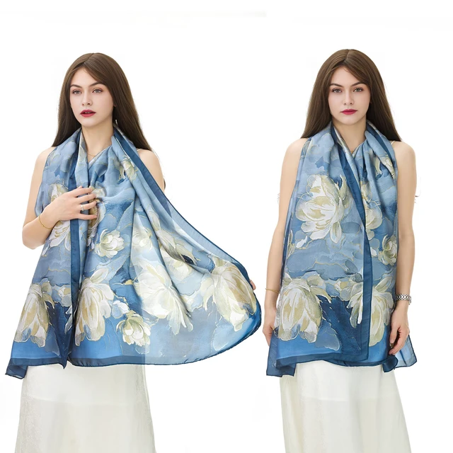 Alt view image 3 of 7 - Large Mulberry Silk Feeling Long Stain Scarf Lightweight Sunscreen Shawls Wraps for Women (03 Blue/Oil Paingting Flower)