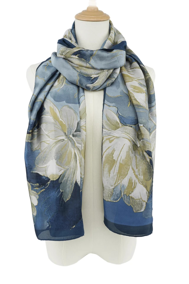 Alt view image 4 of 7 - Large Mulberry Silk Feeling Long Stain Scarf Lightweight Sunscreen Shawls Wraps for Women (03 Blue/Oil Paingting Flower)