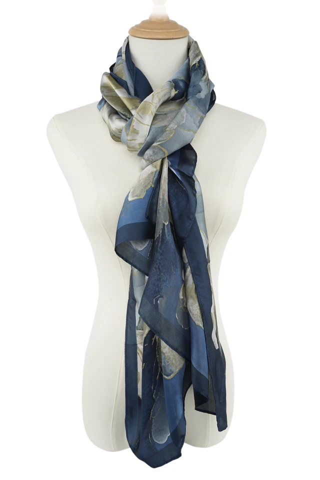 Alt view image 5 of 7 - Large Mulberry Silk Feeling Long Stain Scarf Lightweight Sunscreen Shawls Wraps for Women (03 Blue/Oil Paingting Flower)