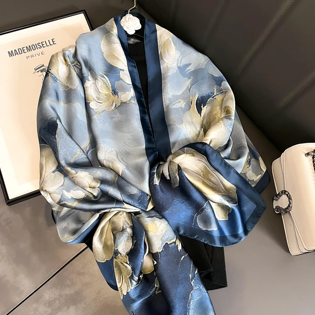 Alt view image 6 of 7 - Large Mulberry Silk Feeling Long Stain Scarf Lightweight Sunscreen Shawls Wraps for Women (03 Blue/Oil Paingting Flower)