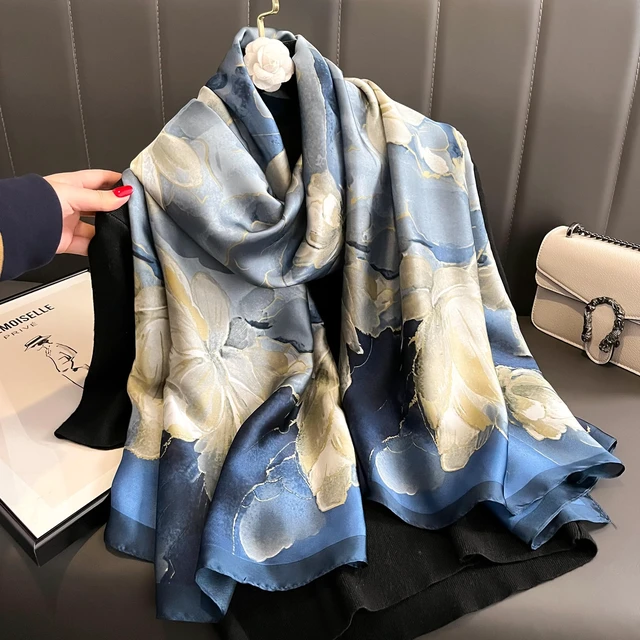 Alt view image 7 of 7 - Large Mulberry Silk Feeling Long Stain Scarf Lightweight Sunscreen Shawls Wraps for Women (03 Blue/Oil Paingting Flower)
