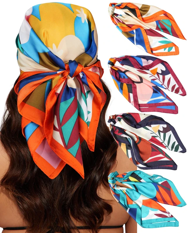 Main image of 4 Pcs 27.5 Inches Silk Head Scarf Women's Hair Square Satin Bandana | Stylish Lightweight Printed Colorful Headscarf Headband Securely Styling Ladies Women for Sleeping Braids Beach Vacation