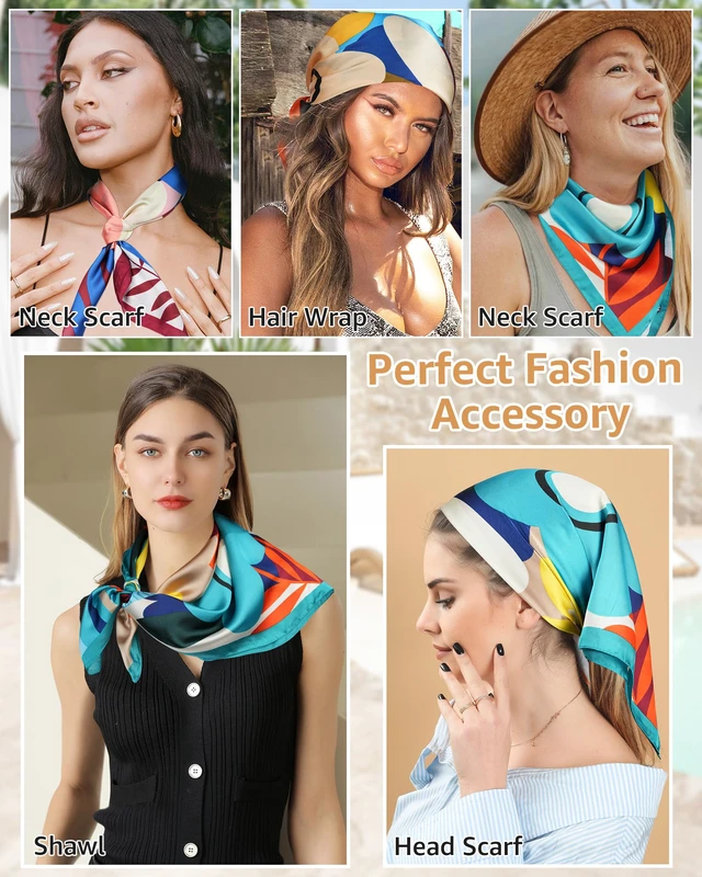 Alt view image 3 of 7 - 4 Pcs 27.5 Inches Silk Head Scarf Women's Hair Square Satin Bandana | Stylish Lightweight Printed Colorful Headscarf Headband Securely Styling Ladies Women for Sleeping Braids Beach Vacation