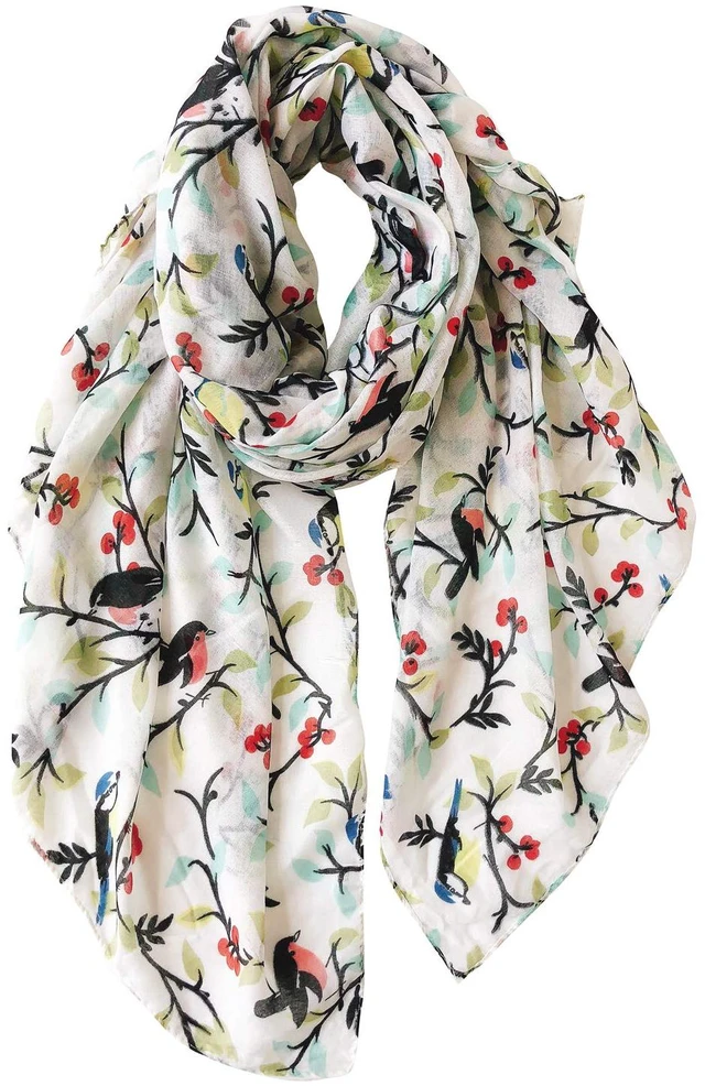 Main image of Cotton Scarf for Women Lightweight Ivory White Neck Scarf Shawl | Voile Scarves Floral Birds Pattern Soft Shawls and Wraps Artistic