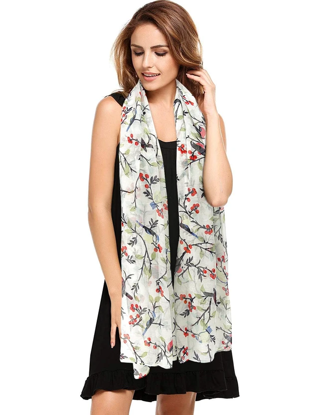 Alt view image 2 of 7 - Cotton Scarf for Women Lightweight Ivory White Neck Scarf Shawl | Voile Scarves Floral Birds Pattern Soft Shawls and Wraps Artistic