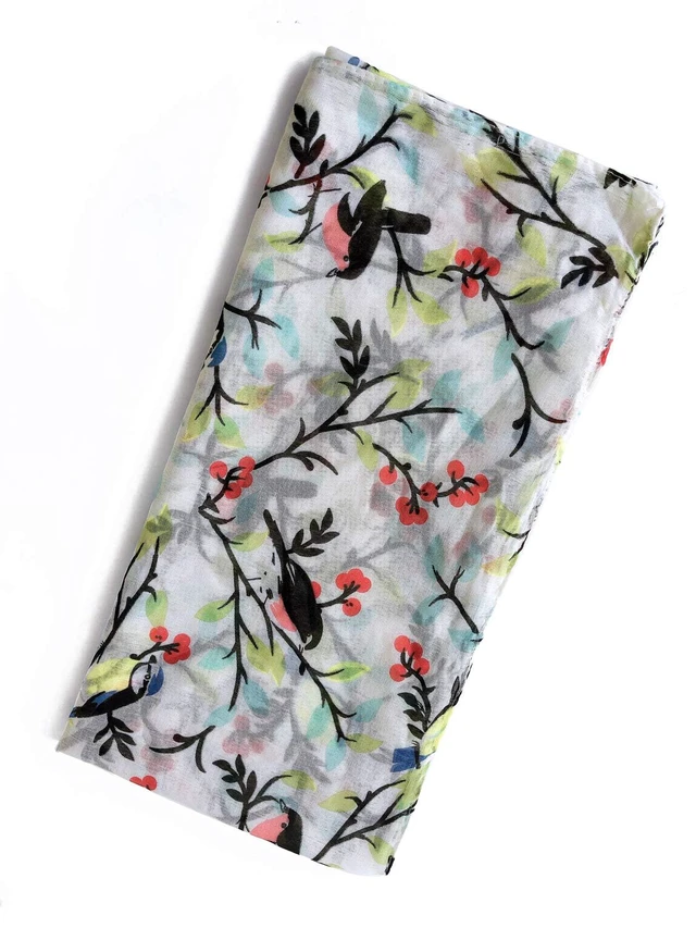 Alt view image 7 of 7 - Cotton Scarf for Women Lightweight Ivory White Neck Scarf Shawl | Voile Scarves Floral Birds Pattern Soft Shawls and Wraps Artistic