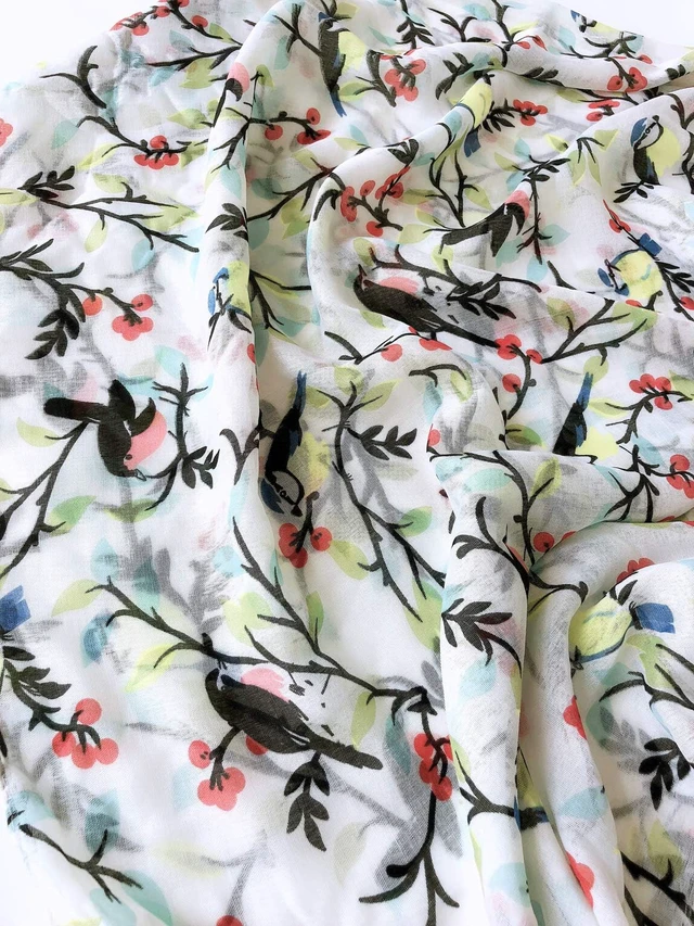 Alt view image 6 of 7 - Cotton Scarf for Women Lightweight Ivory White Neck Scarf Shawl | Voile Scarves Floral Birds Pattern Soft Shawls and Wraps Artistic