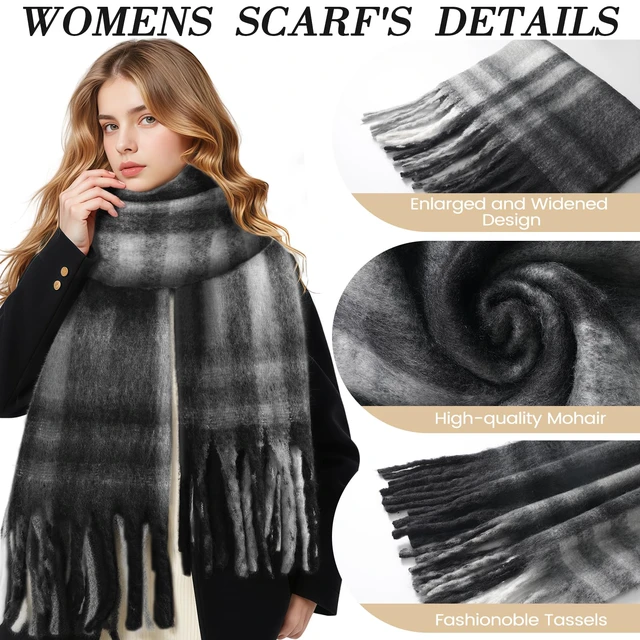 Alt view image 3 of 7 - Scarf for Women - Thick Oversized Checked Tassel Women's Mohair Winter Scarf, Large Scarves for Women Winter Wrap Shawl Cold Weather Ladies Gifts