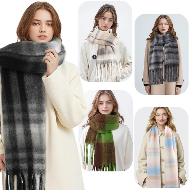 Alt view image 4 of 7 - Scarf for Women - Thick Oversized Checked Tassel Women's Mohair Winter Scarf, Large Scarves for Women Winter Wrap Shawl Cold Weather Ladies Gifts