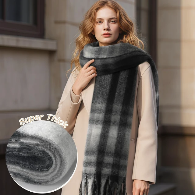Alt view image 5 of 7 - Scarf for Women - Thick Oversized Checked Tassel Women's Mohair Winter Scarf, Large Scarves for Women Winter Wrap Shawl Cold Weather Ladies Gifts