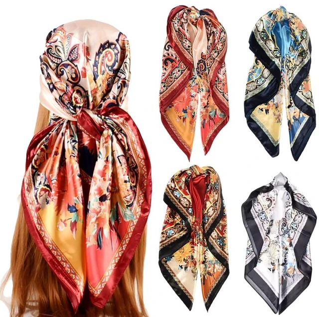 Main image of 4Pcs Silk Head Scarves for Women Satin Hair Scarf 35Large Square Bandana Silk Like Neck Scarf Shawl Sleeping Headscarf(Red/Blue/White/Beige)