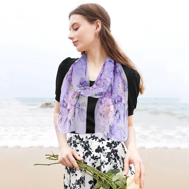 Alt view image 2 of 7 - Purple Floral Scarf for Women Lightweight Lavender Chiffon Scarves