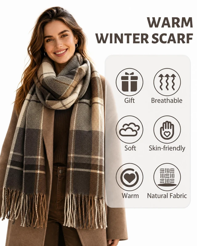Alt view image 3 of 6 - Winter Scarf for Women Long Plaid Scarves Ladies Gifts | Warm Cashmere-Like Softness, Chic Plaid Design, Versatile Wrap Shawl, Oversized Blanket Scarf, Ideal Fall Winter Gift
