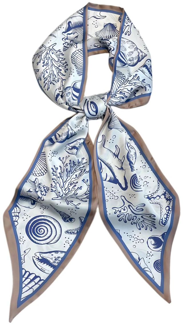 Main image of Fashion Scarf for Women - 58" Long Skinny Scarf Lightweight, Luxurious Silk Feeling for Neck, Hair, Purse & Belt Accessory (Cream Ocean Life)