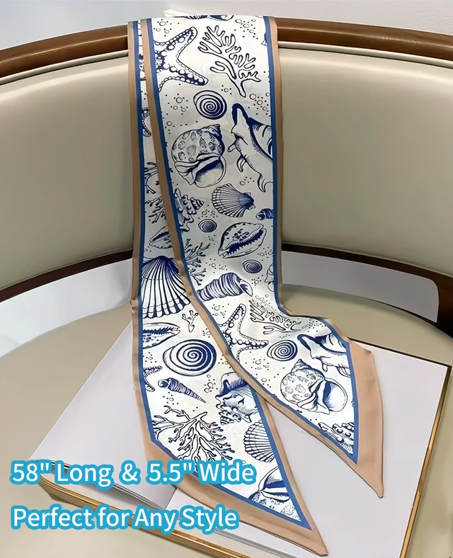 Alt view image 3 of 6 - Fashion Scarf for Women - 58" Long Skinny Scarf Lightweight, Luxurious Silk Feeling for Neck, Hair, Purse & Belt Accessory (Cream Ocean Life)