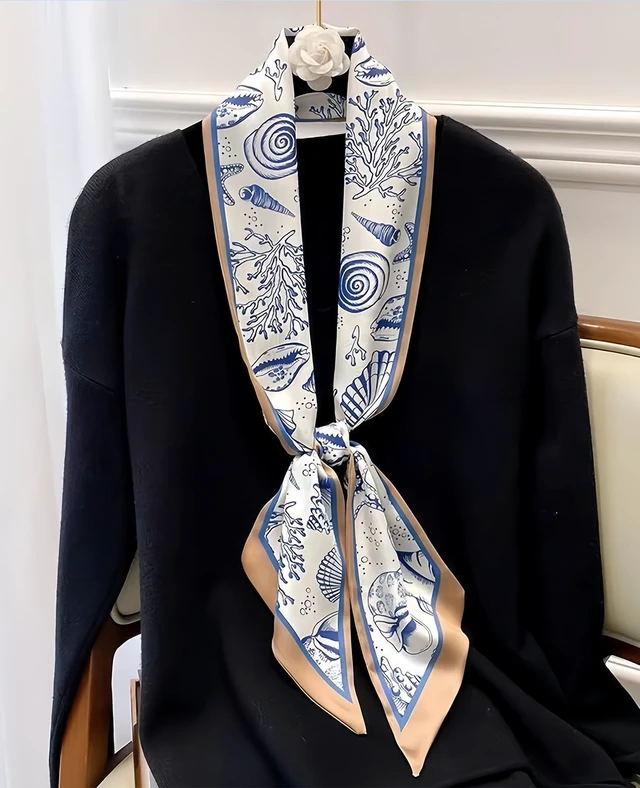 Alt view image 4 of 6 - Fashion Scarf for Women - 58" Long Skinny Scarf Lightweight, Luxurious Silk Feeling for Neck, Hair, Purse & Belt Accessory (Cream Ocean Life)