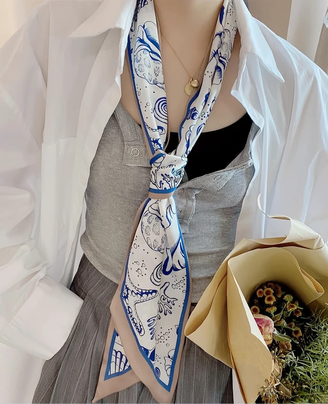 Alt view image 6 of 6 - Fashion Scarf for Women - 58" Long Skinny Scarf Lightweight, Luxurious Silk Feeling for Neck, Hair, Purse & Belt Accessory (Cream Ocean Life)