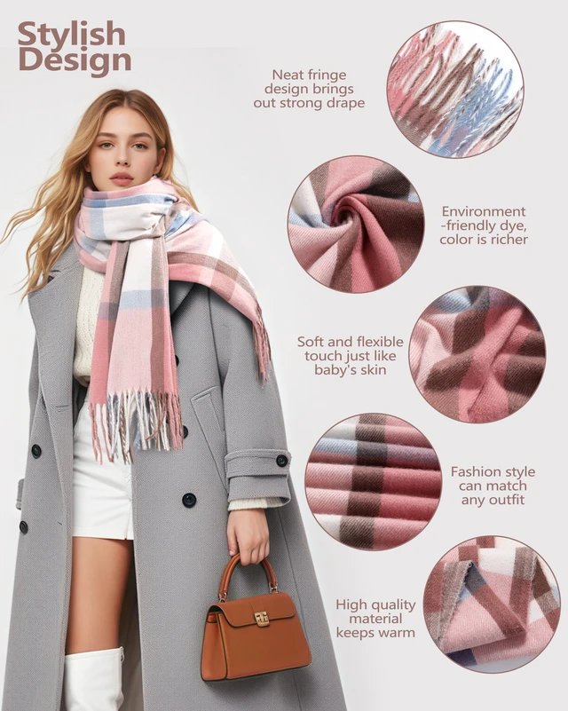Alt view image 3 of 7 - Winter Scarfs for Women, Womens Scarf Fashion Scarf Plaid for Winter | 79" x 28", Long Blanket, Soft & Durable Scarf for Women Winter with Classic Plaid, Pink