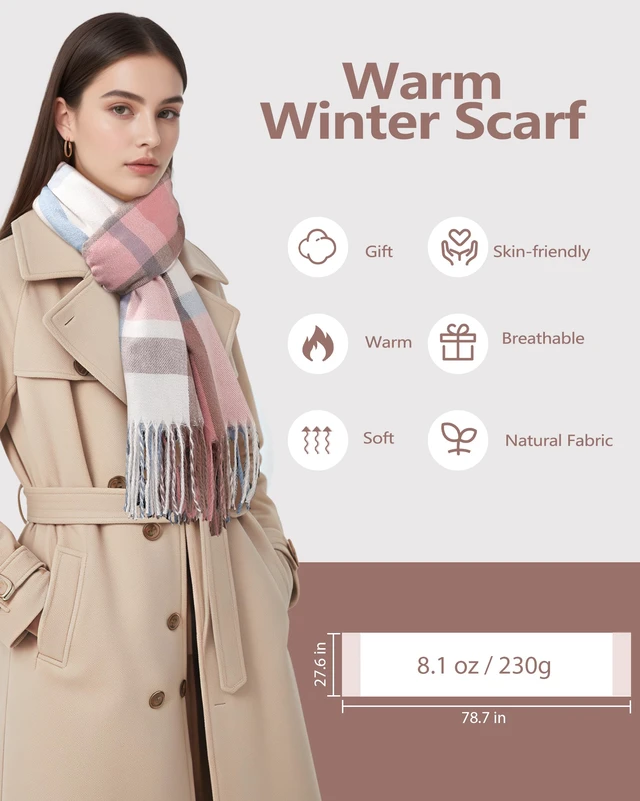 Alt view image 5 of 7 - Winter Scarfs for Women, Womens Scarf Fashion Scarf Plaid for Winter | 79" x 28", Long Blanket, Soft & Durable Scarf for Women Winter with Classic Plaid, Pink