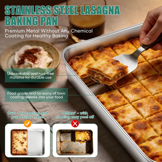 Alt view image 3 of 7 - Lasagna Pan, Stainless Steel Rectangular Cake Baking Pan, 12x9¾x2" | Metal Bakeware Oven Tray Sheet Cake Pan for Brownie Casserole, No-Toxic & Heavy Duty, Rust-Resistance & Dishwasher Safe