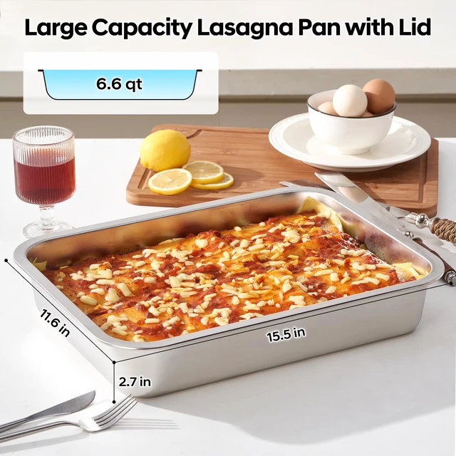 Alt view image 2 of 7 - Lasagna Pan with Lid, 15.5x11.6x2.7 Inch Large Stainless Steel Nonstick Lasagna Baking Roasting Dishes Pan for Oven(L, 1 Pack)
