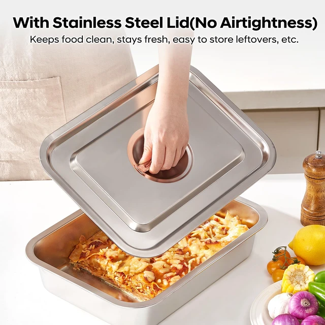 Alt view image 6 of 7 - Lasagna Pan with Lid, 15.5x11.6x2.7 Inch Large Stainless Steel Nonstick Lasagna Baking Roasting Dishes Pan for Oven(L, 1 Pack)