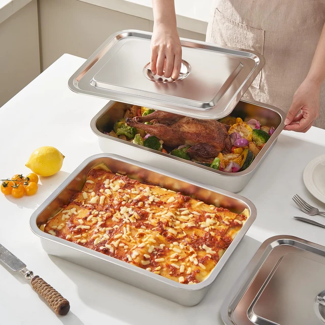 Alt view image 7 of 7 - Lasagna Pan with Lid, 15.5x11.6x2.7 Inch Large Stainless Steel Nonstick Lasagna Baking Roasting Dishes Pan for Oven(L, 1 Pack)