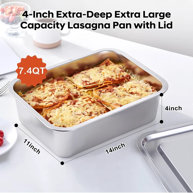 Alt view image 2 of 7 - 4 Inch Extra Deep Lasagna Baking Pan with Lid, 11x14 Inch 7.4QT Large Stainless Steel Nonstick Lasagna Baking Roasting Pans Casserole Dishes for Oven with Lids(M, 1 Pack)