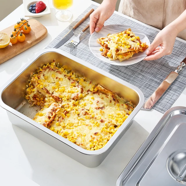 Alt view image 5 of 7 - 4 Inch Extra Deep Lasagna Baking Pan with Lid, 11x14 Inch 7.4QT Large Stainless Steel Nonstick Lasagna Baking Roasting Pans Casserole Dishes for Oven with Lids(M, 1 Pack)