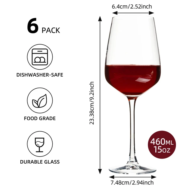 Alt view image 2 of 7 - 15oz Wine Glasses Set of 6, Thickened Stemmed Glasses for Red/White Wine, Heavy Base Clear Red Wine Glasses for Everyday, Wine Lovers, Parties, Gifts, Dishwasher Safe, 460ml, 6 Piece Set