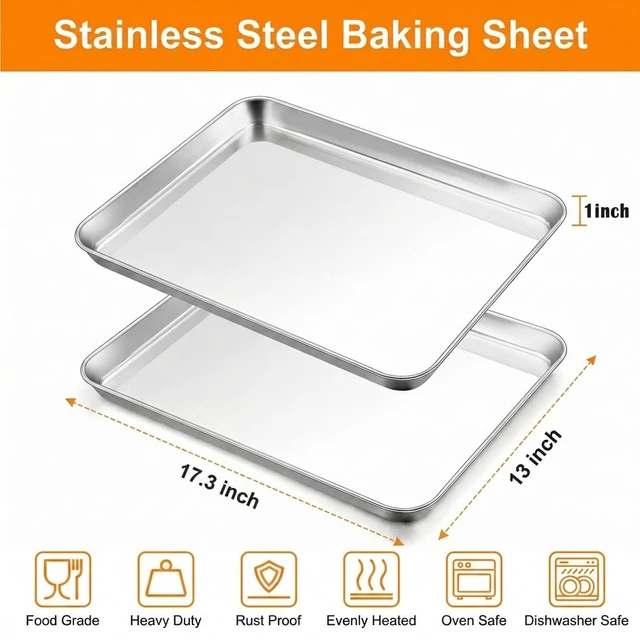 Alt view image 2 of 7 - Baking Sheet, 17.6"x 13"x 1" Stainless Steel Large Cookie Sheet Pan | Set of 2, Half Sheet Baking Pans Trays for Roasting/Cooking, Non-toxic & Healthy, Heavy Duty & Sturdy, Dishwasher Safe