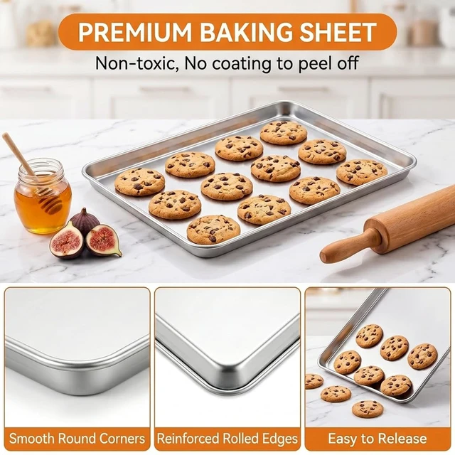 Alt view image 4 of 7 - Baking Sheet, 17.6"x 13"x 1" Stainless Steel Large Cookie Sheet Pan | Set of 2, Half Sheet Baking Pans Trays for Roasting/Cooking, Non-toxic & Healthy, Heavy Duty & Sturdy, Dishwasher Safe