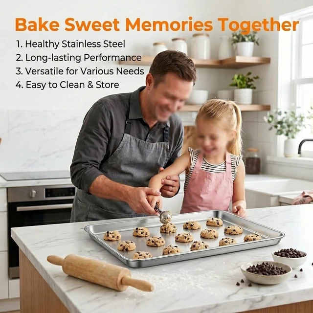 Alt view image 6 of 7 - Baking Sheet, 17.6"x 13"x 1" Stainless Steel Large Cookie Sheet Pan | Set of 2, Half Sheet Baking Pans Trays for Roasting/Cooking, Non-toxic & Healthy, Heavy Duty & Sturdy, Dishwasher Safe