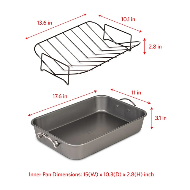 Alt view image 6 of 6 - Roasting Pan Nonstick 11x15 - Heavy Duty Metal Bakeware Dish with Rack - Large Oven Roaster Tray for Baking Turkey, Chicken, and Veggies