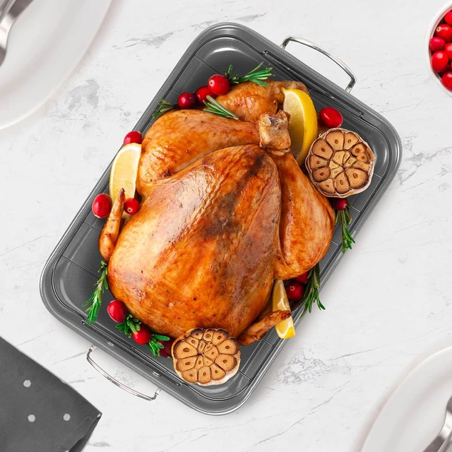 Alt view image 4 of 6 - Roasting Pan Nonstick 11x15 - Heavy Duty Metal Bakeware Dish with Rack - Large Oven Roaster Tray for Baking Turkey, Chicken, and Veggies