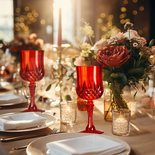Alt view image 2 of 6 - 12 Pcs Red Plastic Wine Glasses, Plastic Water Goblets for Parties, Stemmed Drinking Glasses for Wedding Reception, Grand Event Party Bar Supplies Reusable Drinking Cups