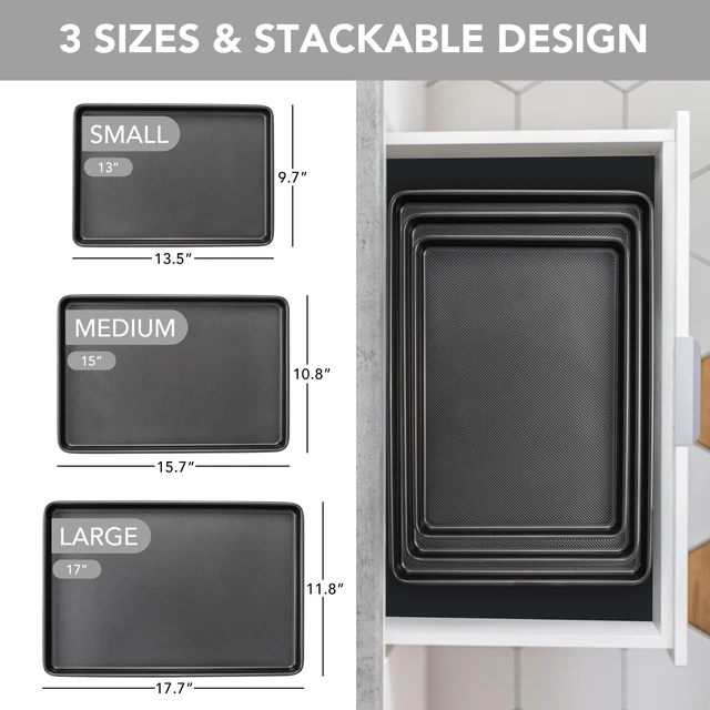 Alt view image 2 of 7 - Baking Sheet Pan Set, 0.8mm Thick Heavy Duty Cookie Sheet with Diamond Texture Pattern, Nonstick Baking Tray for Oven, Carbon Steel Half, Jerry Roll Pan, Set of 3